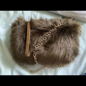 Brand NEW Brown soft fur crossbody gold chain